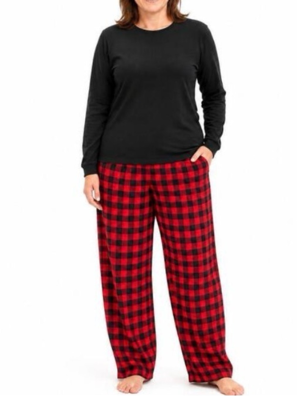 New XL Women’s 2-Piece Plaid Pajama Set, Black Top & Red plaid lounge bottoms